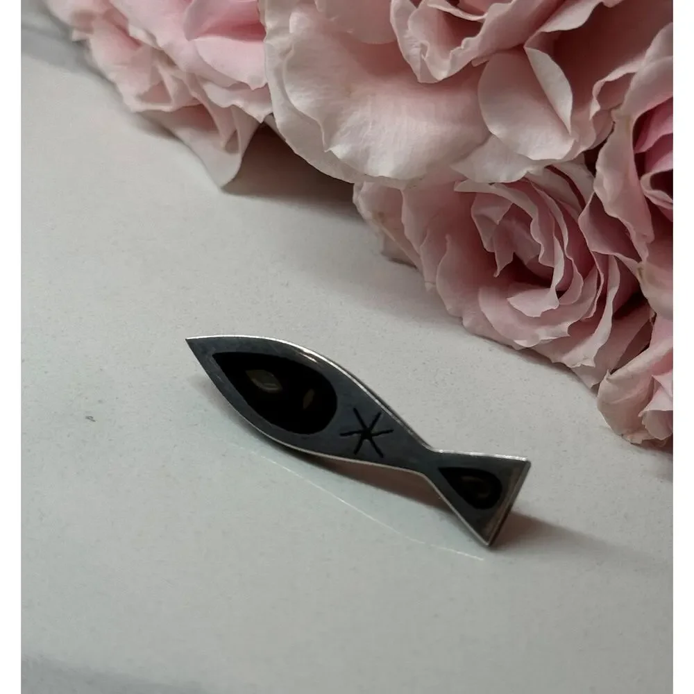 925 Sterling Silver Black Evil Eye Enamel Brooch Length 1.5 In